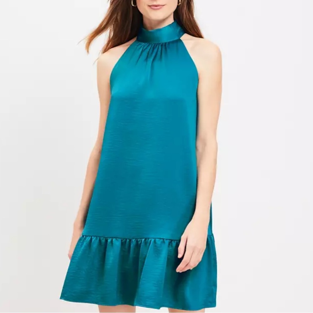 LOFT Blue Halter Tie Neck Ruffled Dress